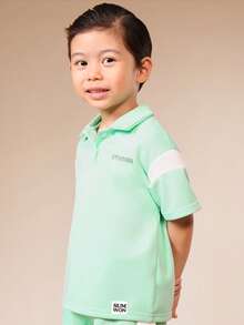 SUMWON Conjunto de Verão Camisa Polo e Shorts Verde Menta para Meninos com Estampa de Logo, Manga Curta, Gola, Conjunto Casual de Duas Peças - Verde - Visão 3