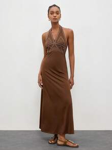 Maija Rust Brown Long Waist-Cinched Bodycon Backless Dress, Urban Style Graduation - Rust Brown - View 3