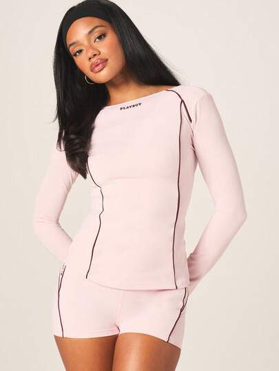 Missguided x Playboy Women's Long Sleeve Cut Out Chest Sports Top With Contrast Trim And Logo Detail