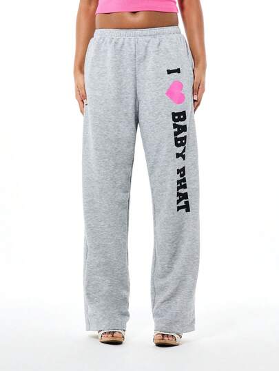 BABYPHAT Women's I Love Graphic Joggers With Pink Heart Logo Grey Sweatpants Casual Comfort