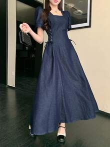 FRIFUL 女士休闲花瓣袖交叉系带腰部牛仔连衣裙，春夏款 - 藍色 - 查看 5