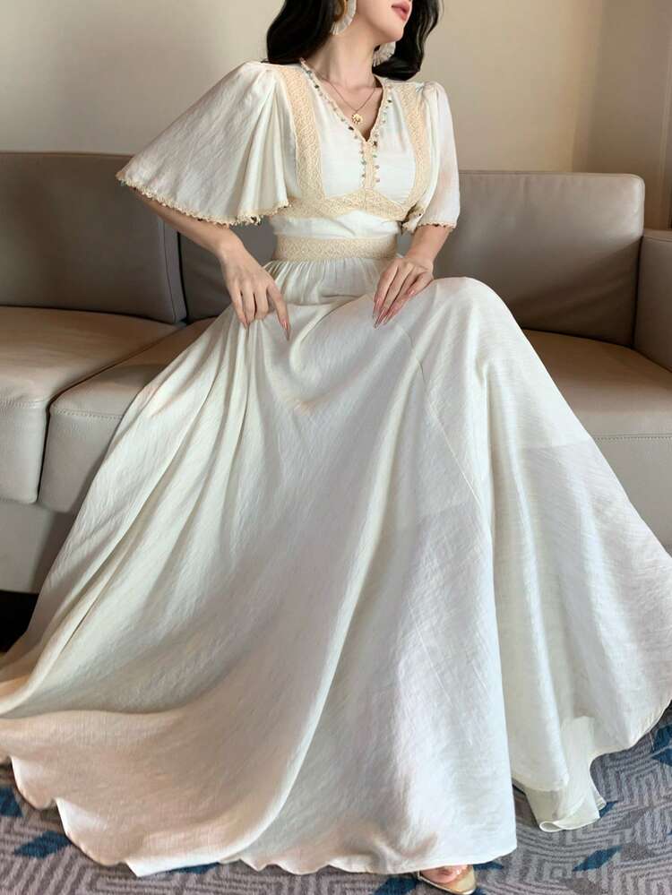 Women's Bohemian V-Neck Waist Cinched Elegant Long Dress Sundress