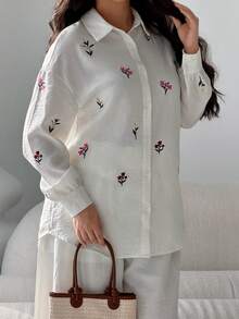 Solavon Hàng mới về: Bộ 2 món rộng rãi, thoải mái, thêu họa tiết, đa năng, thích hợp mặc hàng ngày và đi nghỉ mát. - trắng - Xem 6