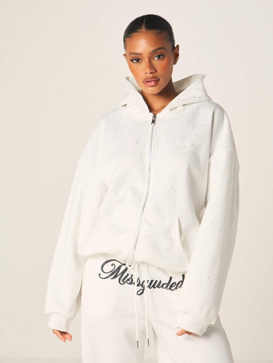 MISSGUIDED 女士闪亮铆钉连帽拉链卫衣，冬季舒适保暖抓绒连帽衫，带亮片细节，休闲舒适 - 白色 - 查看 1