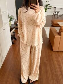 DAZY Ditsy Floral Loose Comfortable Long Sleeve Top And Pants 2 Pieces Pajama Set For Women, Spring - Apricot - View 3