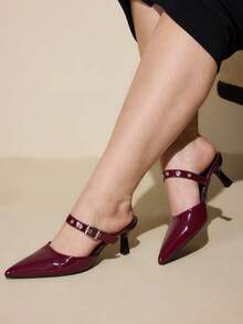 CUCCOO CURVES Women's Pointed Toe Buckle Design Everyday Versatile Fashion Wide Fit High Heels - Burgundy - View 1