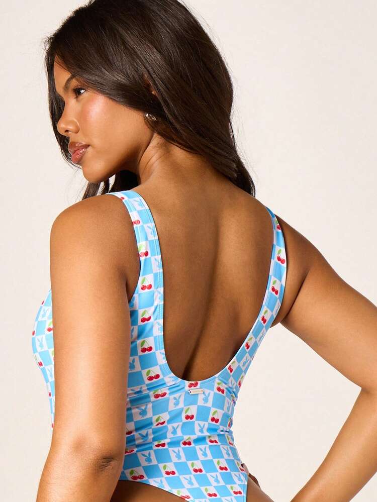 Missguided x Playboy 여성용 하이라이즈 스쿱 넥 1피스 수영복 체크무늬 체리 프린트 패턴 여름 해변 휴가 수영장 올오버 프린트 수영복