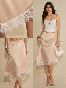 Poéselle Women's Contrast Lace Asymmetric Hem Elegant Skirt,Beige Lace Hem Midi Slip Skirt For Women, High Waist Asymmetrical Elegant Summer Skirt, Casual Chic Outfit,French-Style Skirt - Champagne - View 2