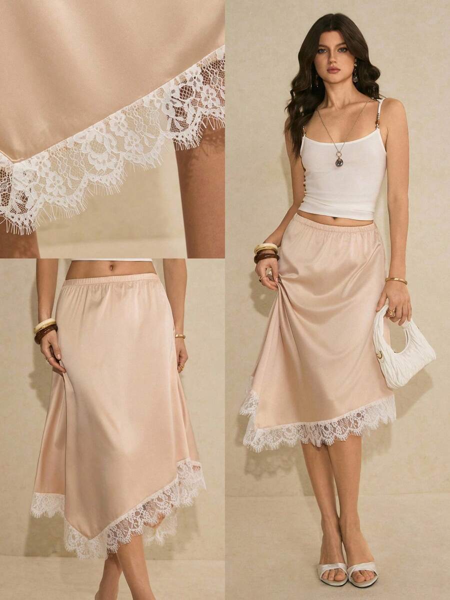 Poéselle Women's Contrast Lace Asymmetric Hem Elegant Skirt,Beige Lace Hem Midi Slip Skirt For Women, High Waist Asymmetrical Elegant Summer Skirt, Casual Chic Outfit,French-Style Skirt