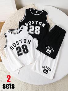 SHEIN 4 pièces Ensemble de débardeur à col rond imprimé et short pour garçons enfants/pré-adolescents, style décontracté et confortable, 2 styles 1 de chaque, ensemble 4 pièces - Noir et Blanc - Voir 3