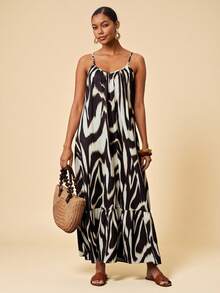 Travachic Women Multicolor Casual Random Print Cami Maxi Dress With Ruffle Hem Spaghetti Strap Sleeveless - Multicolor - View 4