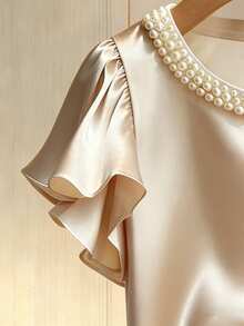 Lyxana Satin Finish Round Neck Pearl Decor Ruffle Sleeve Blouse - Apricot - View 5