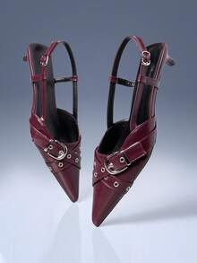 CUCCOO GRLICON Burgundy Fashion Patent Leather Pointed Cross Strap Back Empty Kitten And Ladies High Heels - Burgundy - View 5