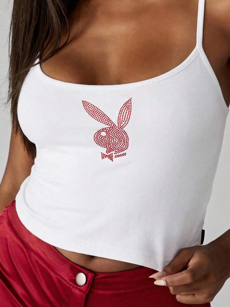 Missguided x Playboy Diamante Cami Top White Scoop Neck Tank Top With Red Rhinestone Bunny Logo