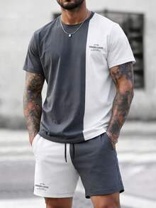 Manfinity Homme 男士两件套T恤短裤套装，灰色拼接白色，休闲装，撞色字母印花，修身男士肌肉套装，男士灰白套装，男士两件套休闲短裤套装，男士短裤套装，男士短裤套装，日常休闲、周末旅行、远足、轻松的工作环境，男友/老公礼物，周年纪念/生日礼物，派对夏季假期街头风男士灰白套装 - 彩色 - 查看 1