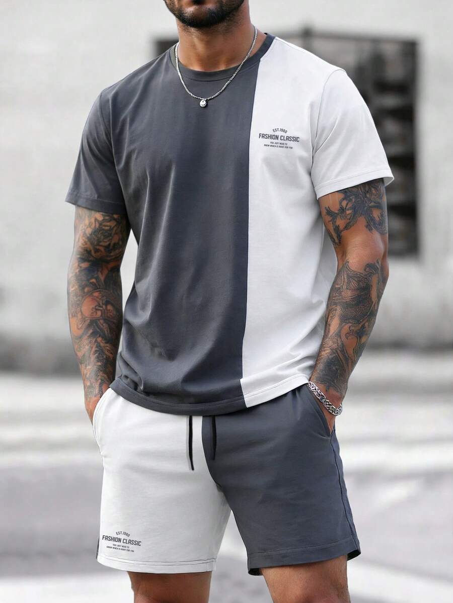 Manfinity Homme 男士两件套T恤短裤套装，灰色拼接白色，休闲装，撞色字母印花，修身男士肌肉套装，男士灰白套装，男士两件套休闲短裤套装，男士短裤套装，男士短裤套装，日常休闲、周末旅行、远足、轻松的工作环境，男友/老公礼物，周年纪念/生日礼物，派对夏季假期街头风男士灰白套装 - 彩色 - 查看 1