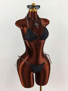 Amplova Conjunto de bikini reversible con estampado de leopardo para mujer, sexy y elegante, adecuado para vacaciones, traje de baño negro sólido básico de doble uso - Multicolor - Ver 14