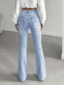 SHEIN Tall Women's Pocket Button Casual Versatile Daily Wear Flare Leg Jeans - Light Wash - View 2