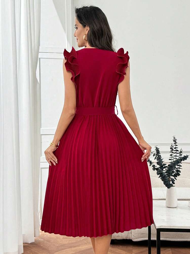 Women's V-Neck Ruffle Sleeve Belted Pleated Solid Color Midi Dress, Elegant For Dates,Summer Dress , Women Dresses Elegant Classic Women's Dress Formal Wear Latest Dress Good Quality Dresses Pleated Dresses For Women,Summer Outfit For Women,Wedding Guest Dress For Women, Red Dresses For Women Red Pleated Dress Ruffle Sleeve Dress,Summer Outfit For Women,