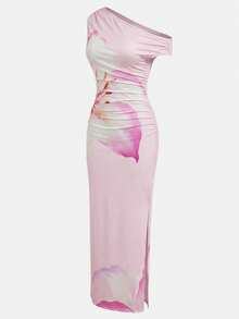 SHEIN Robe moulante en tricot maxi à taille froncée et épaule asymétrique, élégante et décontractée. Convient pour les fêtes d'Halloween, la rentrée scolaire, les rassemblements. Couleur bordeaux. - Multicolore - Voir 6