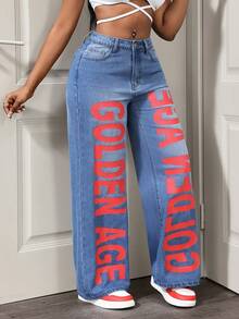 BamGleam Cowgirl Style Non-Stretch Blue Printed Straight Leg Pants, Spring Outfits For Women - Medium Wash - View 6