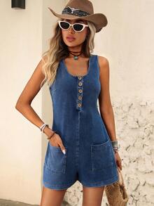 Brillora Quần yếm và áo liền quần denim nữ kiểu retro đa năng có nút cài túi, áo liền quần denim không tay có nút cài phía trước và túi, trang phục mùa hè, trang phục mùa xuân, váy lễ Phục sinh cho nữ, áo liền quần ngày lễ Thánh Patrick cho nữ, áo liền quần đi biển, áo liền quần đi chơi, áo liền quần thường ngày cho nữ. - Rửa nhẹ - Xem 4