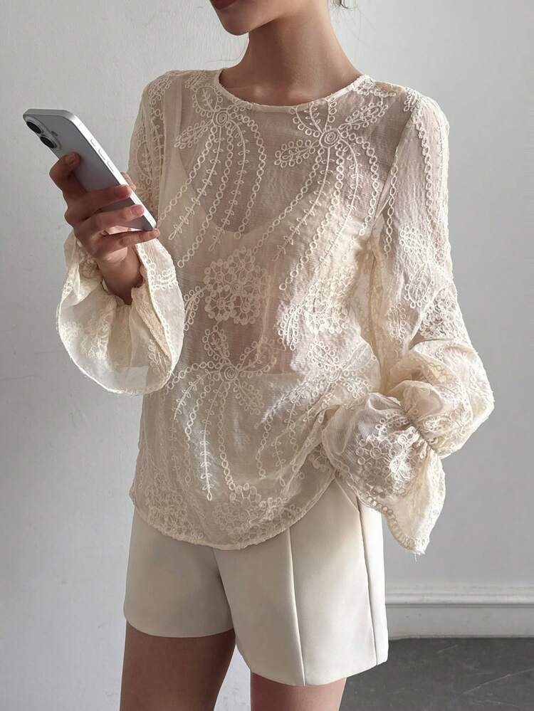 Women's Round Neck Semi-Sheer Lace Flare Sleeve Blouse Summer
