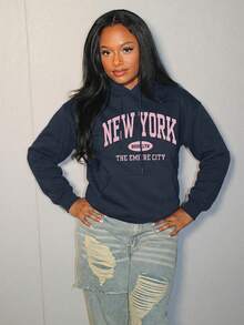 Steph T 女士简约印花连帽长袖运动衫，女士春/秋季休闲抽绳口袋长袖连帽常规版型常规深灰色落肩套头衫女士连帽衫，长袖上衣 - 深灰色 - 查看 4