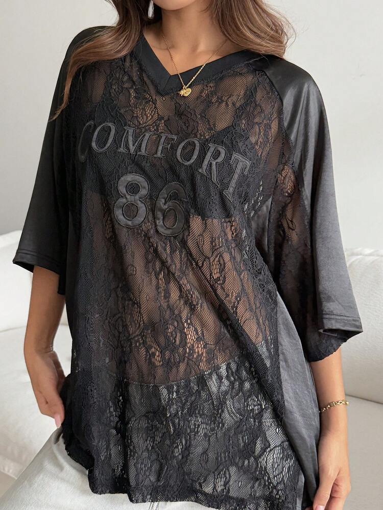 Women's V-Neck Short Sleeve Letter Embroidery Loose Lace Patchwork Casual Street T-Shirt, Summer