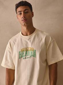 Musero Crew Neck Oversized Short Sleeve Drop Shoulder Top "HEAVEN Sent" Graphic Slogan Print Tshirt Spring Summer Essentials - Apricot - View 3