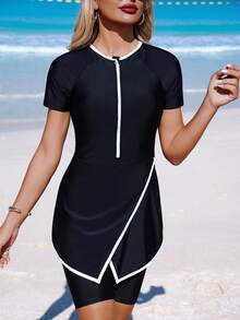 Swim Mulvari 女士优雅休闲春夏海滩度假派对两件套比基尼，黑色V领露脐上衣配前拉链长裤，饰有白色滚边。 - 黑與白 - 查看 7