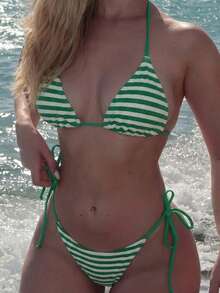 Turnttoni Bộ đồ bơi bikini gợi cảm kẻ sọc buộc dây đi biển mùa hè cho nữ - màu xanh lá - Xem 3