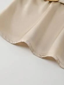 Franclia Camisa de satén de manga corta para mujer con cuello de perlas y cintura ajustada - Albaricoque - Ver 5