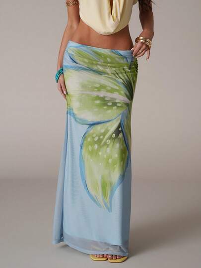 SHEIN BAE Women's Casual Vacation Floral Print Woven Loose Waist Ruched Dress, Suitable For Casual Vacation, Beach Vacation, Outing With Friends, Casual Outing, Floral Mesh Skirt, Music Festival, Country Music Festival, Printed Skirt, Bohemian Vacation Skirt, Patterned A-Line Skirt