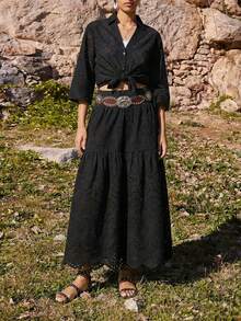 Maija Black Cotton A-Line Embroidered Skirt, Casual & Versatile For Vacation  Spring Summer Beach Outfits - Black - View 2