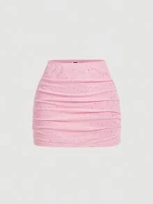 SHEIN MOD 女士夏季时尚休闲度假粉色亮片褶皱露脐上衣和迷你裙两件套 - 粉色 - 查看 7