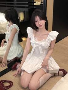 Joudiya Vestido casual y dulce para niña con diseño de lazo de encaje calado blanco, adecuado para el Día de San Valentín, boda, fiesta, evento de moda, uso elegante en la oficina, vestido mini entallado y acampanado - Blanco - Ver 9
