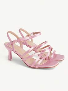 CUCCOO CHICEST French Pink Satin Multi-Ribbon Wrap Square Heel High Heel Sandals Wedding Shoes - Pink - View 2
