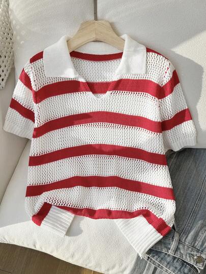 Comfortcana Plus Size Women Patchwork Hollow Out Casual Versatile Daily Wear Knit Short Sleeve Top