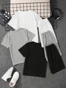 SHEIN 6件套儿童/青少年男童休闲运动多功能印花圆领宽松短袖T恤和短裤两件套，3种款式 x 2套，适合学校、花园、海滩、生日、春季、夏季、秋季、冬季穿着。 - 彩色 - 查看 3