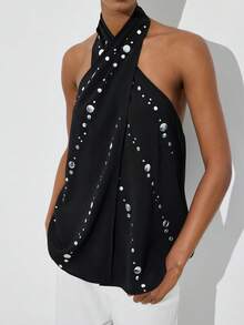 Maija 女士优雅仿珍珠串珠吊带背心，夏季必备 - 黑色 - 查看 8