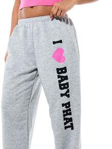 BABYPHAT 女士“我爱图案”运动裤，粉色爱心标志，灰色，休闲舒适 - 灰色 - 查看 4