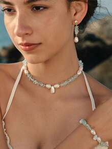 Opalesca 1pc European And American Fashion Icy Blue Asymmetrical Stone & Freshwater Pearl Necklace, Beach Style Bracelet, Faux Earrings, Delicate Choker - Multicolor - View 1