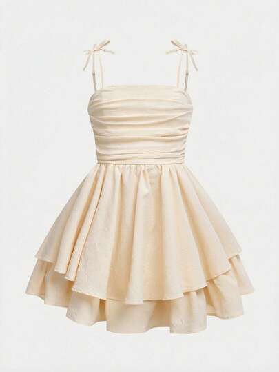 SHEIN Girlism Tween Girls' Woven Solid Color Bubble Pleated Double Layer Casual Strappy French Fairy Dress,Elegant Long Sleeve Cake Dress, Great For Casual & Daily Wear & School Daily In Autumn & Winter, For Christmas ,Vacation,For Christmas,Party Wear ,Birthday Dress,Valentine's Day,Wedding Season,Princess Dress,Valentine Day Kids