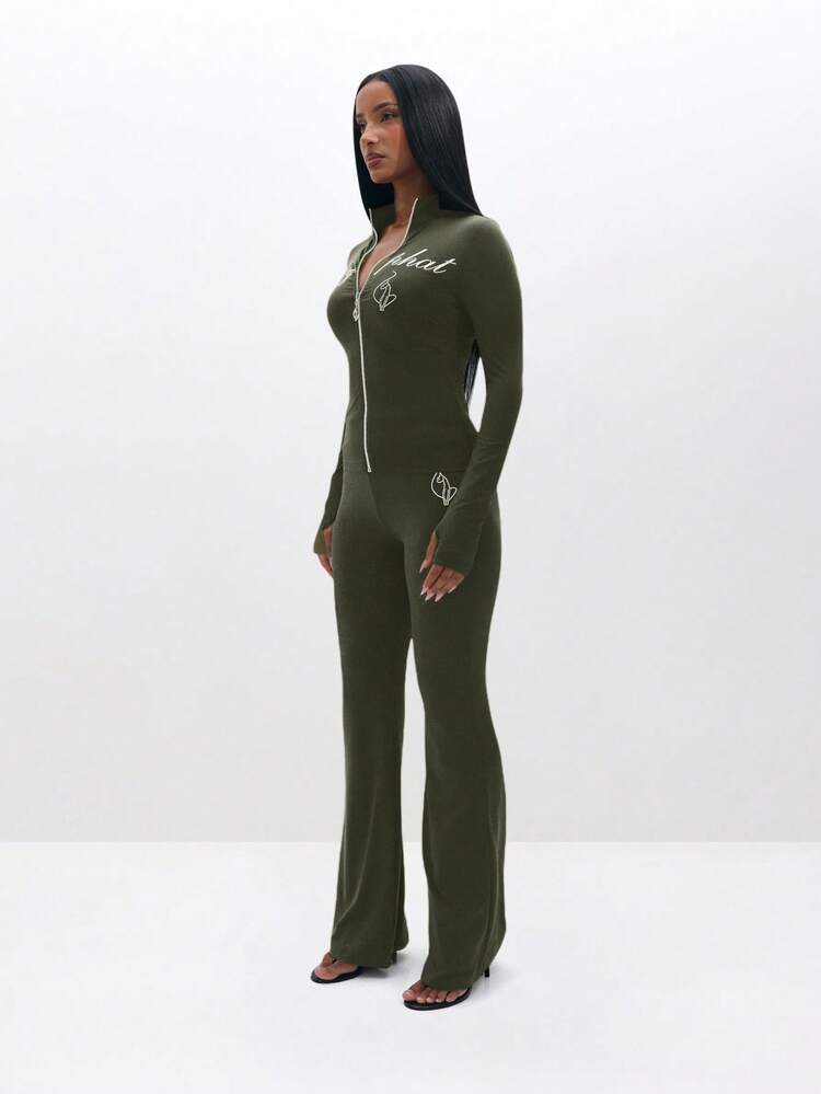 BABYPHAT Plus Size Olive Green Zip Up High Neck Long Sleeve Jumpsuit With Text Print