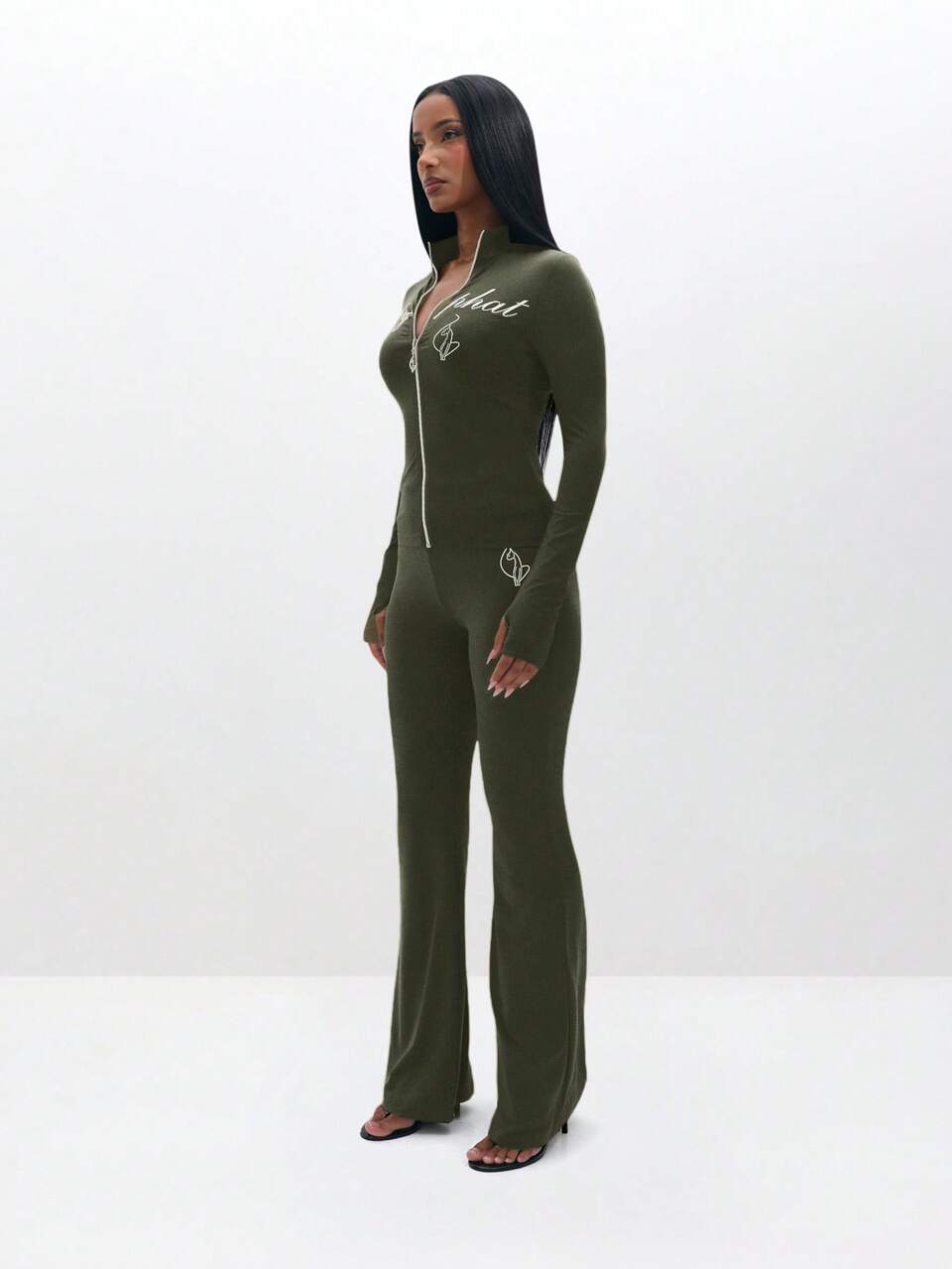 BABYPHAT Plus Size Olive Green Zip Up High Neck Long Sleeve Top With Text Print