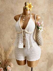 Mistrie Áo tank top lửng trang trí mặt dây chuyền hình sao biển và vỏ sò - Màu be - Xem 2