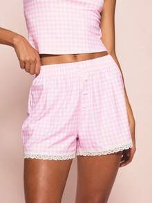MISSGUIDED 格纹抹胸上衣和高腰短裤睡衣套装，饰有白色蕾丝边，女士睡衣家居服 - 粉色 - 查看 4