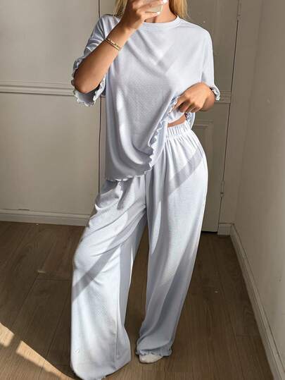 Livesso 女士简约纯色针织宽松睡衣套装，适合夏季家居服穿着