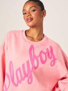 Missguided x Playboy Oversized Pink Graphic Sweatshirt With Script Print Long Sleeve Crew Neck Pullover Fashion Casual Relaxed Fit - Coral Pink - View 4